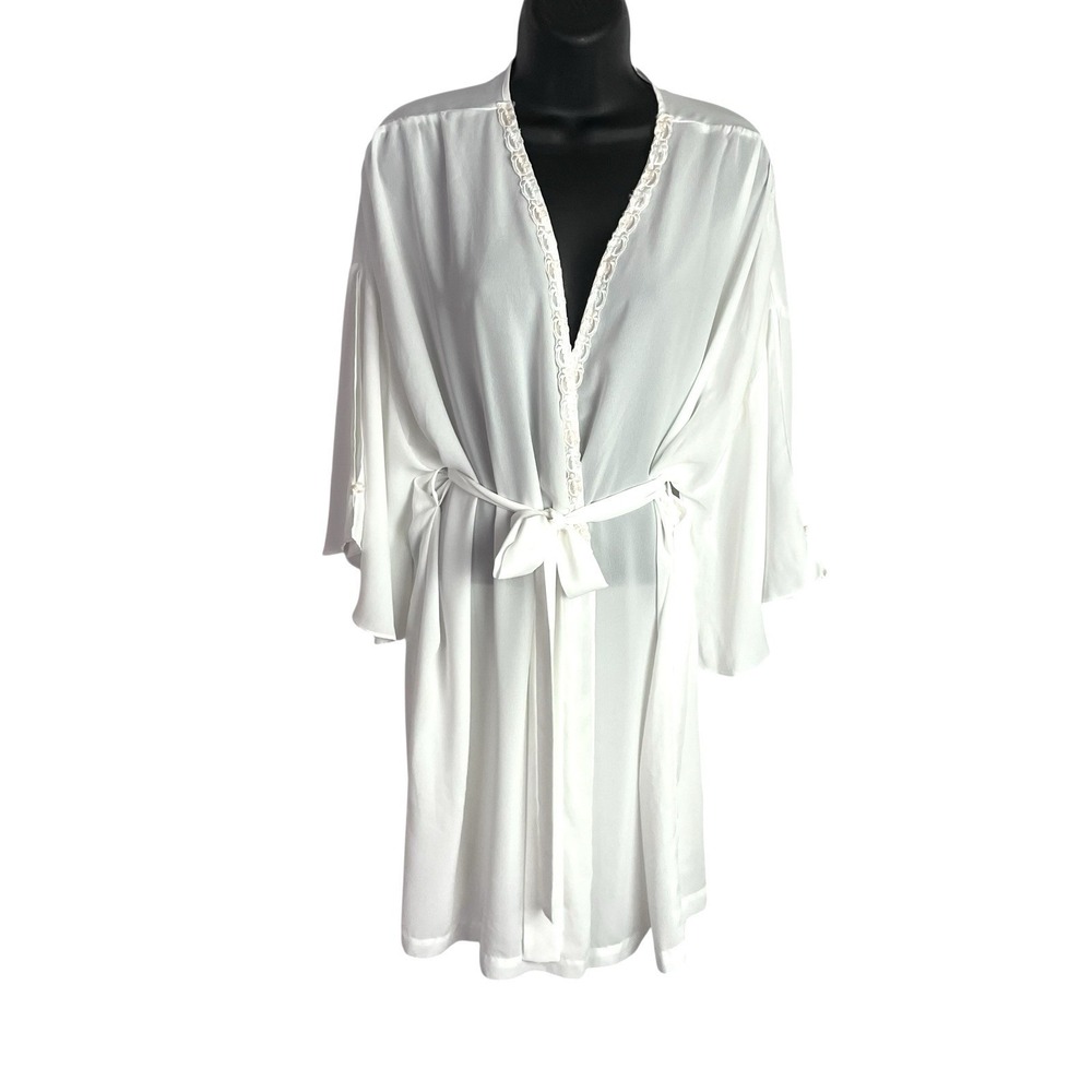 Vtg Dentelle Womens Robe‎ Peignoir Size XL White Split Butterfly Sleeves Belted